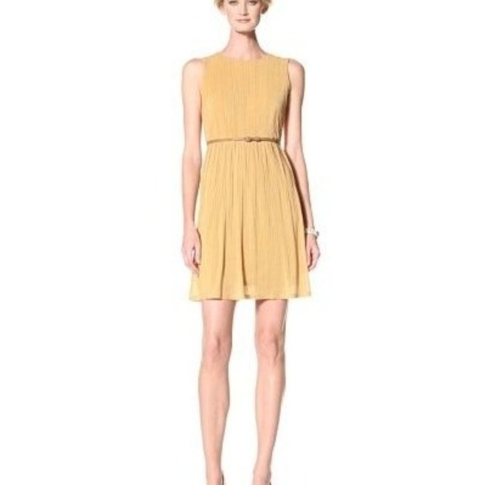 Ellen Tracy | Crystal Pleated Belted Dress Mustard Yellow Size 2
